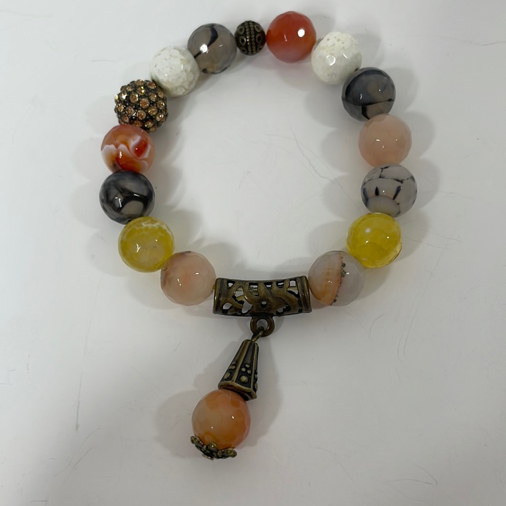Women’s Bracelet Multicolored Beads Stretch Brassy Metal Accents Rhinestones